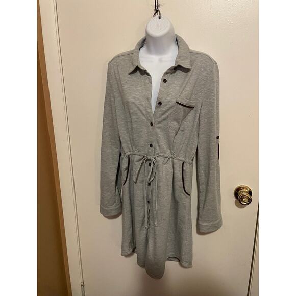 YA Los Angeles Large Long Sleeve Button Up Midi Shirt Dress Top Elbow Patches - Picture 1 of 12